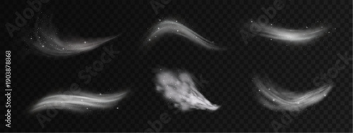 White wind brush strokes and airflow streak effects, isolated on transparent background for motion and abstract design.