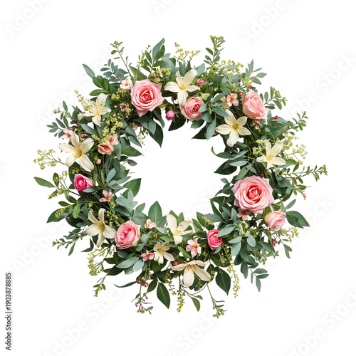 Floral Wreath With Pink Roses, White Lilies, and Green Leaves Decorated for a...