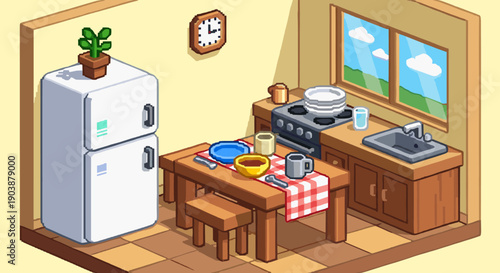 Cozy pixel art kitchen interior scene with a wooden table, refrigerator, stove, and a window showing a sunny day, rendered in a warm, nostalgic isometric style