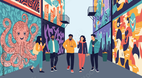 Diverse group of young friends walking and talking together down a vibrant urban alleyway decorated with colorful street art murals and graffiti