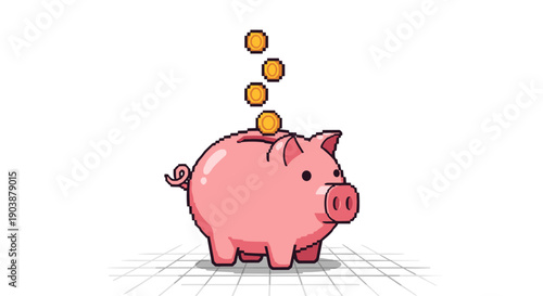 Pink pixel art piggy bank receiving gold coins in its slot, representing savings and investment in a retro 8-bit video game style, isolated on a white background