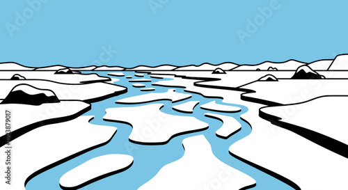 Minimalist graphic illustration of a frozen river flowing through a snowy arctic landscape with ice floes under a clear blue sky, a simple and clean vector design
