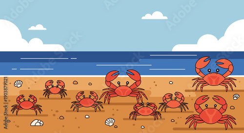 Many cute red cartoon crabs with big pincers scuttle across a sunny sandy beach next to the calm blue sea, a charming and simple flat vector illustration for summer