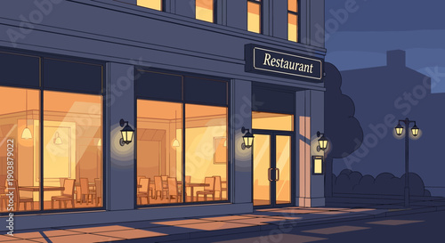 Illustrated restaurant building facade with large windows showing a warm, empty interior at night, creating a quiet and peaceful urban street scene with glowing lanterns