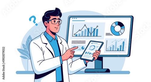 Male scientist in a white lab coat analyzes data on a computer monitor and tablet, with charts, graphs, and a question mark symbolizing research and problem-solving