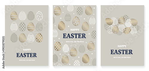 Minimal Easter greeting card with golden eggs. Elegant design. Set. Vector illustration