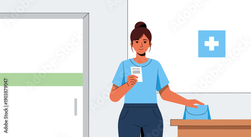 Friendly female medical professional in scrubs holding a patient form while submitting a paper into a box at a modern clinic reception with a health cross symbol
