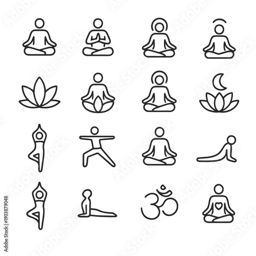 Line art icons depicting yoga poses meditation and spiritual symbols in a minimalist style