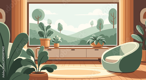Cozy modern living room interior illustration featuring a large window with a beautiful landscape view, a stylish armchair, and many green potted plants in a warm, sunlit room