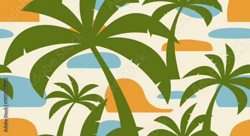 Seamless tropical pattern with green palm trees and abstract shapes in a retro, minimalist style. This flat vector illustration features a summer vacation theme with a vintage color palette