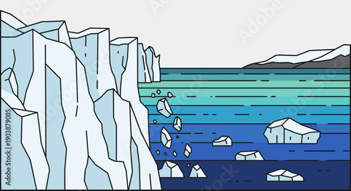 Minimalist illustration of a large glacier calving into the ocean, with icebergs breaking off the ice shelf and floating in the cold blue arctic water