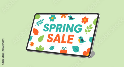 Sleek digital tablet device showing a vibrant spring sale banner with cute floral and bird icons in a flat graphic style against a pastel green backdrop