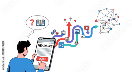 Person from behind shares an article from a smartphone, visualizing the complex flow of information and data through a digital network with various icons and connections