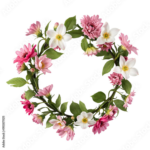 Bright Flower Crown Made With Pink and White Blooms and Green Leaves for Deco...