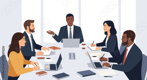 Diverse group of professional business people sitting around a conference table during a corporate meeting, listening to a speaker and taking notes in a modern office illustration