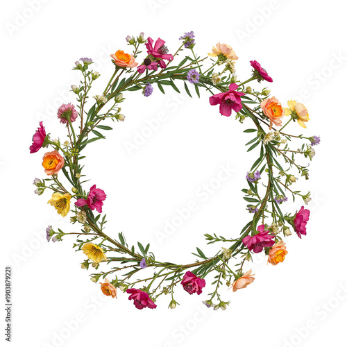 Bright Flower Crown Made With Pink and White Blooms and Green Leaves for Deco...