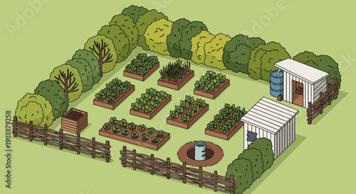 Isometric illustration of a self-sufficient allotment garden with raised vegetable beds, a wattle fence, a well, a compost bin, and two small sheds surrounded by a hedge