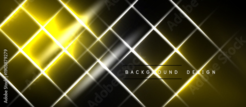 Abstract geometric pattern. Bright yellow, white lines intersect over black background. Modern design element for digital projects.