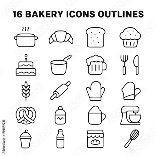 A collection of sixteen black and white outline icons representing various bakery items and tools