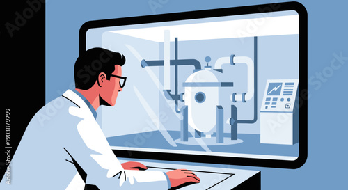 Male scientist in a white lab coat monitoring industrial equipment through a large window from a control room, a flat vector illustration of a technological process