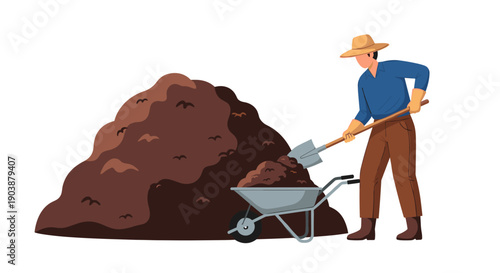 Male farmer character in a hat shoveling rich brown soil from a large pile into a metal wheelbarrow in a flat vector illustration style, isolated on a white background