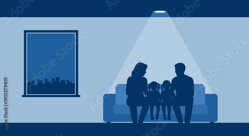 Silhouette of a family with two children sitting on a couch together under a single spotlight in a dark room, representing concepts of unity, safety, and social issues