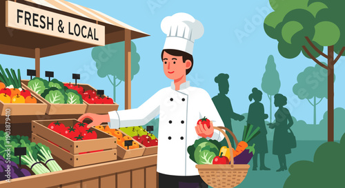 Professional chef in a white uniform and hat carefully selects fresh tomatoes for his basket at a vibrant outdoor farmers' market stall selling local, organic produce
