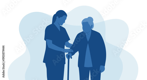 Female caregiver in scrubs gently assisting an elderly woman with a walking cane, a monochromatic blue vector illustration isolated on a white background