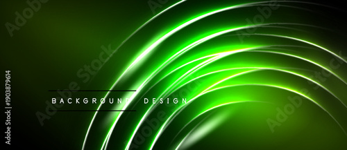 Abstract neon lines create dynamic curved shapes over dark background. Bright green glow emphasizes modern design elements.