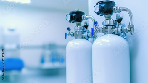 Two portable medical oxygen tanks with regulators standing upright in a bright clean facility