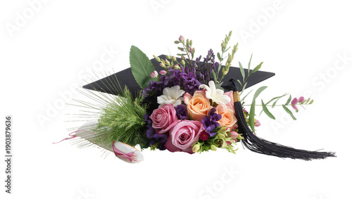 Graduation Cap With Colorful Flowers and Greenery on White Background