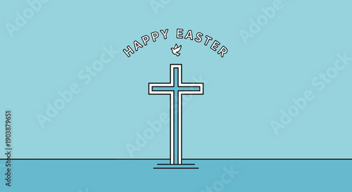 Christian cross with Happy Easter text and a dove symbol in a minimalist line art style, a religious vector illustration for the holy holiday
