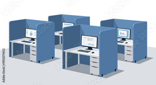 Four modern office cubicles with computer workstations showing data analytics and security concepts in a clean, minimalist vector illustration isolated on a white background