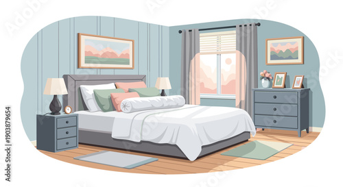Cozy modern bedroom interior vector illustration with a comfortable bed, pastel pillows, and wooden furniture in a serene room with soft morning light from the window