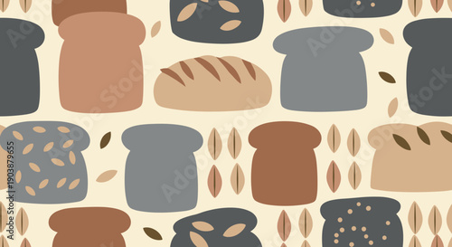 Various types of bread and toast slices in a seamless, hand-drawn pattern with a warm, earthy color palette, creating a cozy and wholesome bakery-themed background