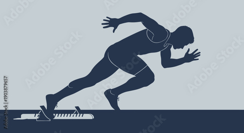Dark blue silhouette of a male sprinter exploding from the starting blocks in a dynamic pose, ready for a race on a light grey background, representing speed and power