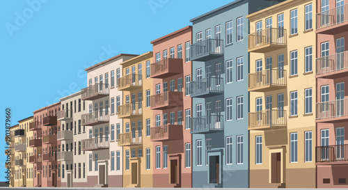 Colorful apartment buildings with balconies standing in a row along a city street under a clear blue sky, depicted in a minimalist flat vector illustration style with strong shadows