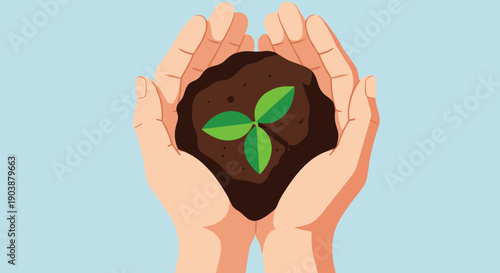 Cupped hands holding a small green sprout in a handful of rich soil, a flat design vector illustration symbolizing new life, growth, care, and environmental conservation
