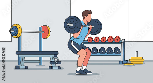 Fit athletic man in sportswear doing heavy barbell squats for strength training during a workout in a modern gym with equipment like a dumbbell rack and bench, vector illustration