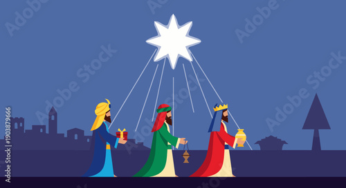 Three wise men in colorful robes carrying gifts on their journey, following the bright guiding star of the nativity against a dark blue night sky with a city silhouette