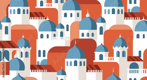 Seamless pattern of stylized Mediterranean white buildings with blue domes and terracotta roofs in a flat vector illustration style, creating a vibrant and geometric cityscape