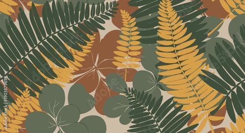 Seamless tropical leaf pattern with various foliage in earthy tones of green, yellow, and brown, creating a dense, modern botanical background illustration for textile or wallpaper design