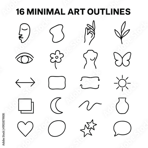 A collection of sixteen simplistic black line art outlines of various objects and symbols