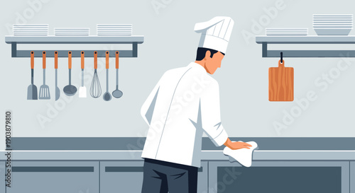 Professional male chef in a white uniform and toque hat is carefully cleaning a stainless steel countertop with a cloth in a modern, organized commercial kitchen