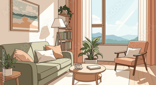 Cozy living room interior illustration with comfortable furniture, houseplants, and a large window with a mountain view bathed in warm, tranquil morning sunlight