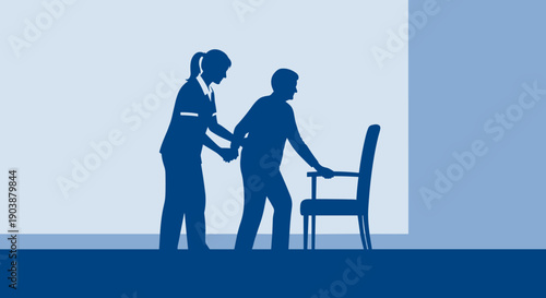 Silhouette of a female nurse helping an elderly man walk towards a chair in a minimalist blue illustration representing healthcare and senior assistance