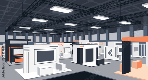 Spacious modern exhibition hall with empty display booths and stands for a business convention or trade show, a flat vector illustration