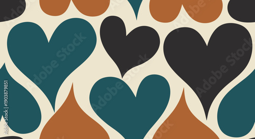Stylized heart shapes in a seamless repeating pattern with a vintage 70s color scheme of teal, terracotta, and black, creating a groovy and abstract romantic background
