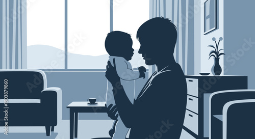Caring father silhouette holding a small baby in his arms, sharing a tender moment of bonding inside a minimalist living room with a monochromatic blue color palette