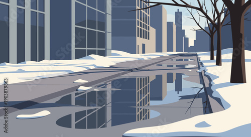 Quiet urban street in winter with melting snow and large puddles reflecting the glass facades of modern skyscrapers in a flat vector illustration style